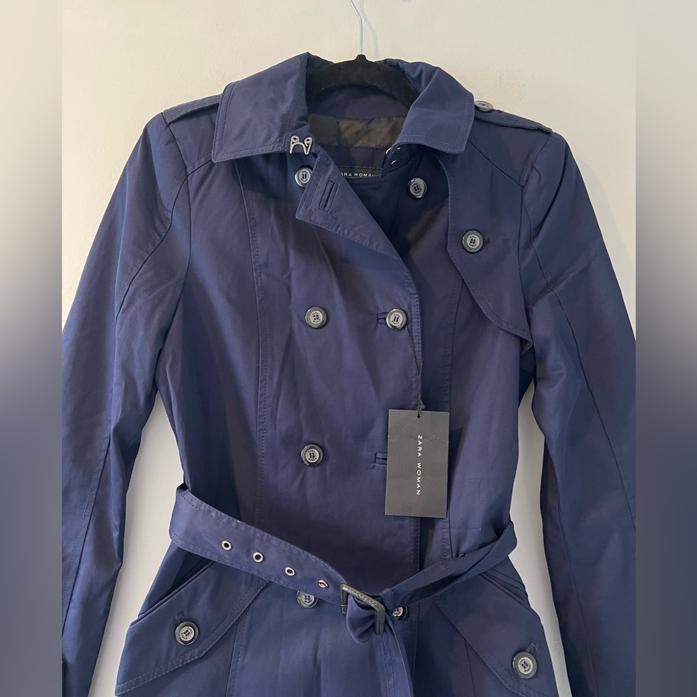 NWT Zara navy blue trench coat jacket cotton double breasted belted small - Picture 4 of 11